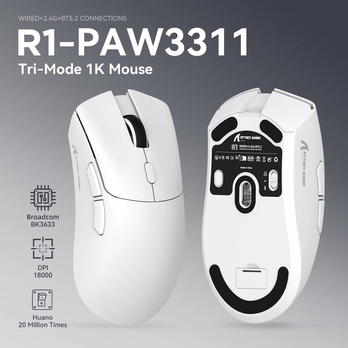 Herní myš ATTACK SHARK R1 Tri-mode, senzor PixArt PAW3311, 18000 DPI, 1000hz, ultralehká 59g pro velkou ruku, pro PC/Mac