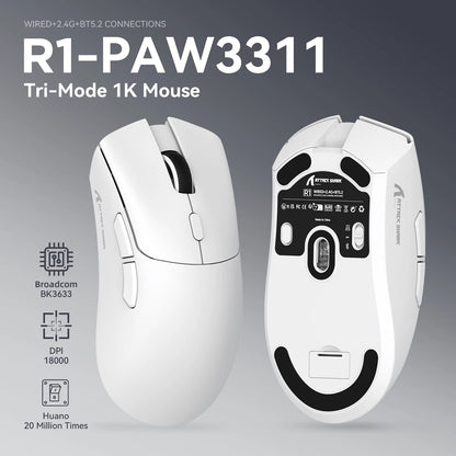 Herní myš ATTACK SHARK R1 Tri-mode, senzor PixArt PAW3311, 18000 DPI, 1000hz, ultralehká 59g pro velkou ruku, pro PC/Mac