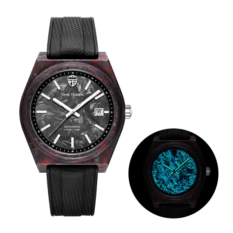 TIME TOKEN New Luminous Carbon Fiber 40mm Dive Watch for Men Luxury Calendar Automatic Mechanical Watch Sapphire Waterproof 100m
