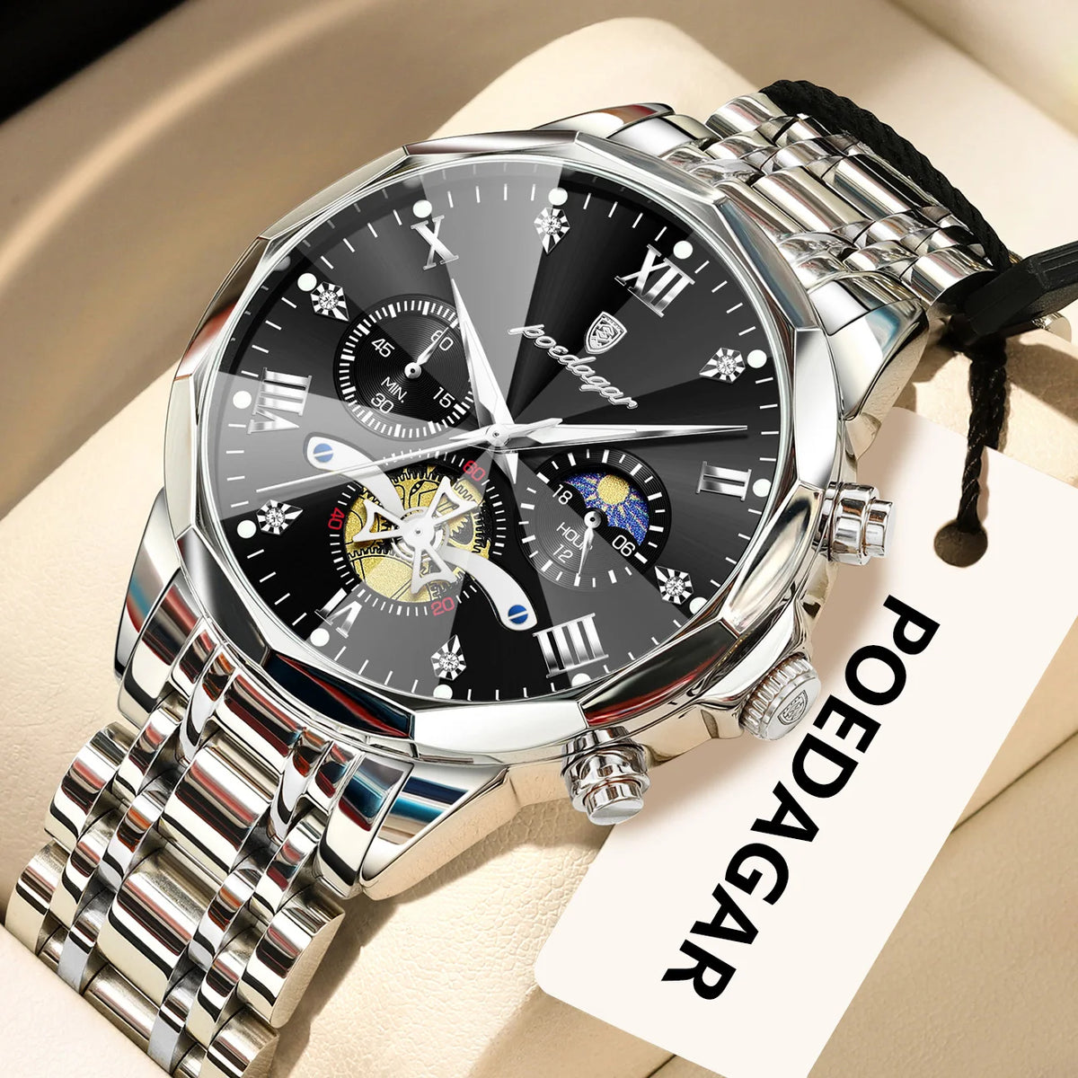Montre homme POEDAGAR de luxe originale, étanche, chronographe lumineux, montre-bracelet en acier inoxydable à quartz, montres haut de gamme pour hommes