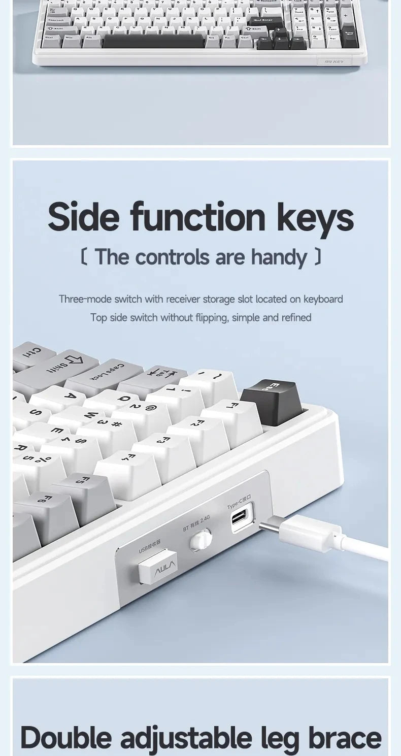 Teclado mecánico gaming Aula F99 de 99 teclas, tres modos: 2.4g inalámbrico, Bluetooth y cableado, hot swap, PBT, gasket y RGB para juegos y escritura