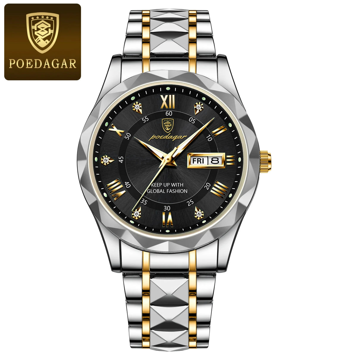 POEDAGAR Business Luxury men’s watch, water-resistant, stainless steel, luminous, with date and day of the week, sporty style, quartz.