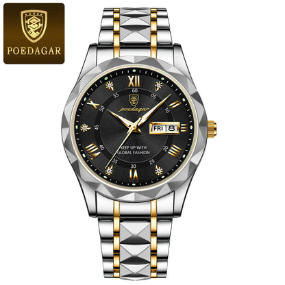 POEDAGAR Business Luxury men’s watch, water-resistant, stainless steel, luminous, with date and day of the week, sporty style, quartz.