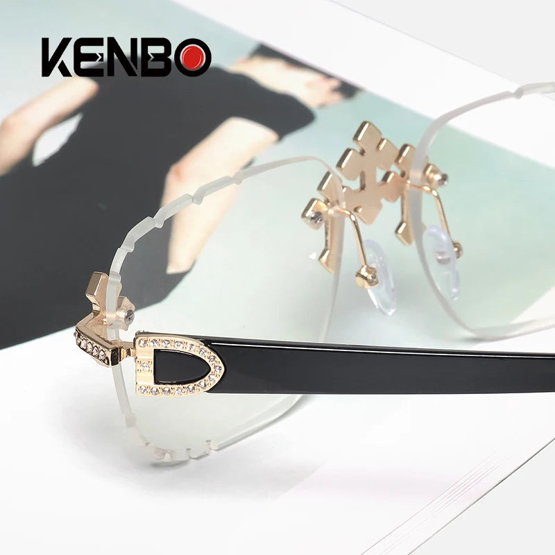 Fashion Square – kantlösa solglasögon för kvinnor med korsformad diamantmönstrad metallram, lyxiga glasögon med slipade linser, UV400-skydd, solglasögon
