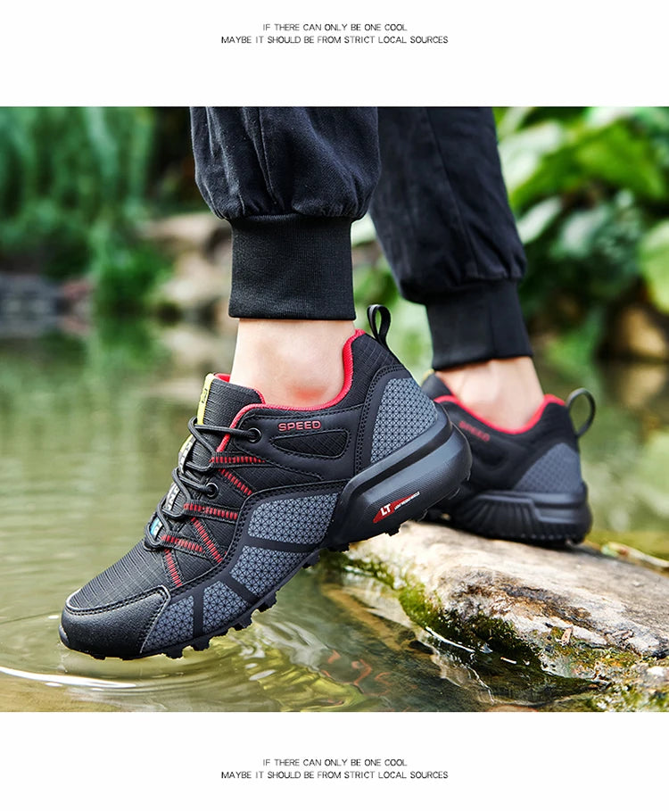 Męskie buty trekkingowe — terenowe buty sportowe outdoor, oddychająca siateczka, antypoślizgowe i odporne na zużycie, do wędrówek i jazdy na rowerze na zewnątrz