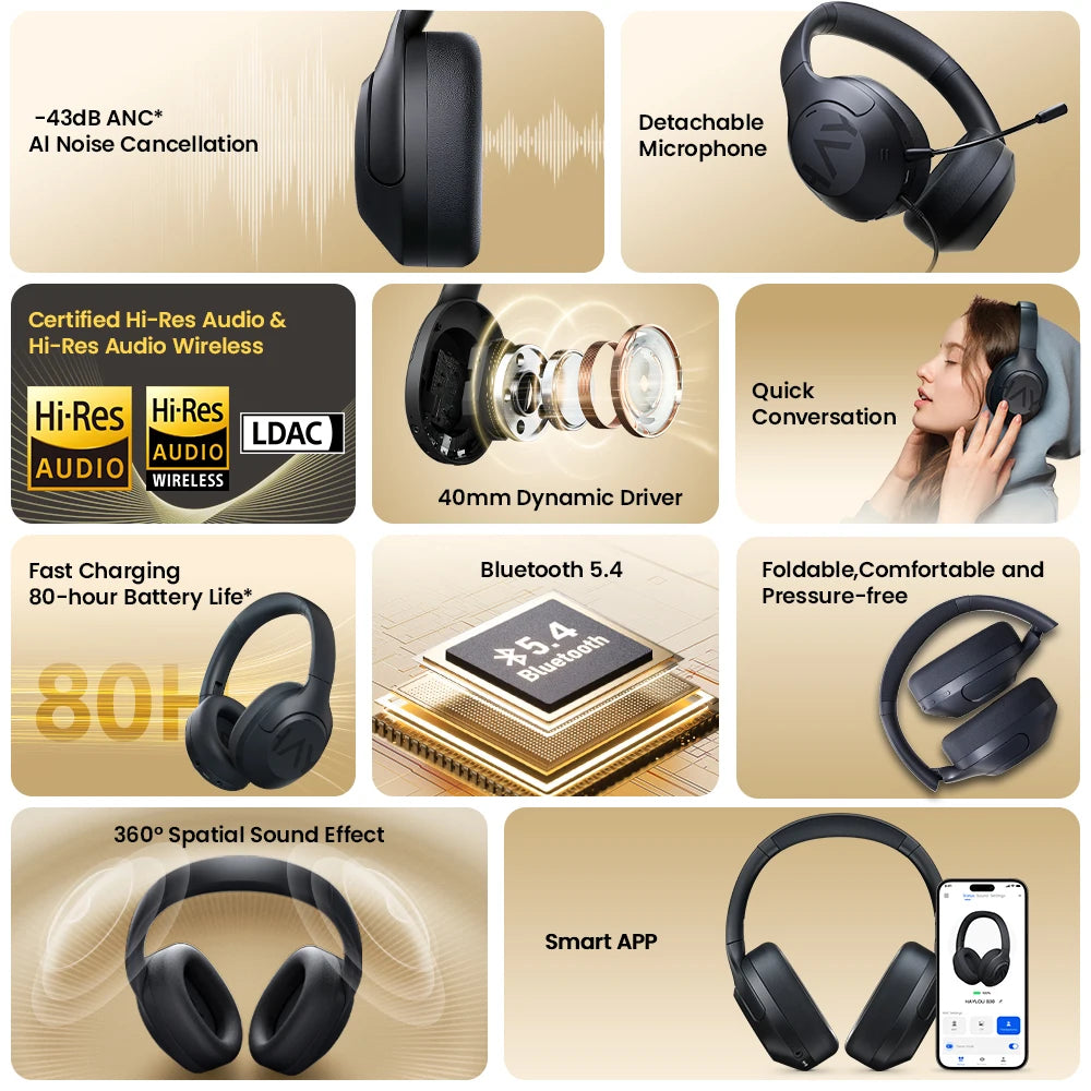 HAYLOU S30 Wireless Bluetooth 5.4 Headphones – 43dB Adaptive Noise Cancelling ANC Headset, 40mm Drivers, 80H Playtime, Hi-Res Audio Over-Ear Headphones