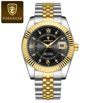 Montre pour homme POEDAGAR – Modèle de luxe, étanche, en acier inoxydable, avec affichage luminescent, style militaire, fonction date, mouvement à quartz, idéale pour le travail ou les occasions professionnelles.