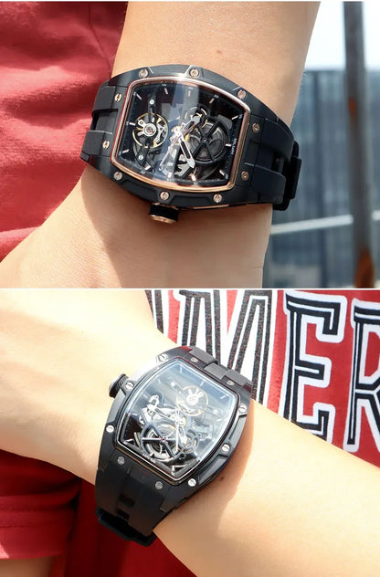 Orologio da polso automatico MEGIR da uomo, fashion, cinturino in silicone nero, impermeabile, luminoso, sportivo, meccanico, con quadrante tonneau 2242