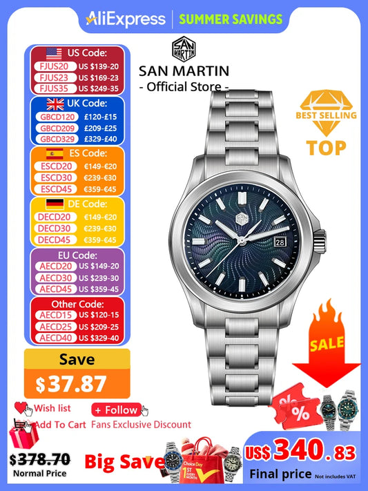 San Martin Official 39mm Guilloche MOP Dial Gada Watch Miyota 9015 Luxury Men's Automatic Mechanical Watches 10 ATM reloj SN0150