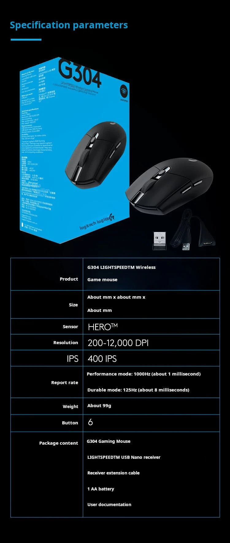 Logitech G304 LIGHTSPEED trådløs gamingmus, let og bærbar mus med makro til Jedi Survival, FPS, League of Heroes og Eat Chicken