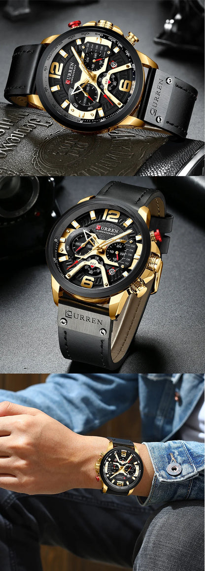 Montre pour homme CURREN 8329 – Style sport décontracté, design militaire, bracelet en cuir, chronographe tendance, montre de luxe de grande marque