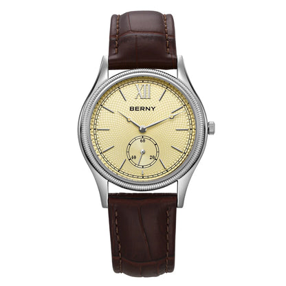 BERNY Men's Watches Slim Luxury Classic Stylish Dress Quartz Watch Fashion Elegance Leather Band Wristwatch