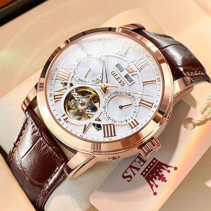 Montre homme OLEVS 6668, marque de renom, tendance et mécanique automatique, bracelet en cuir, étanche et lumineuse.