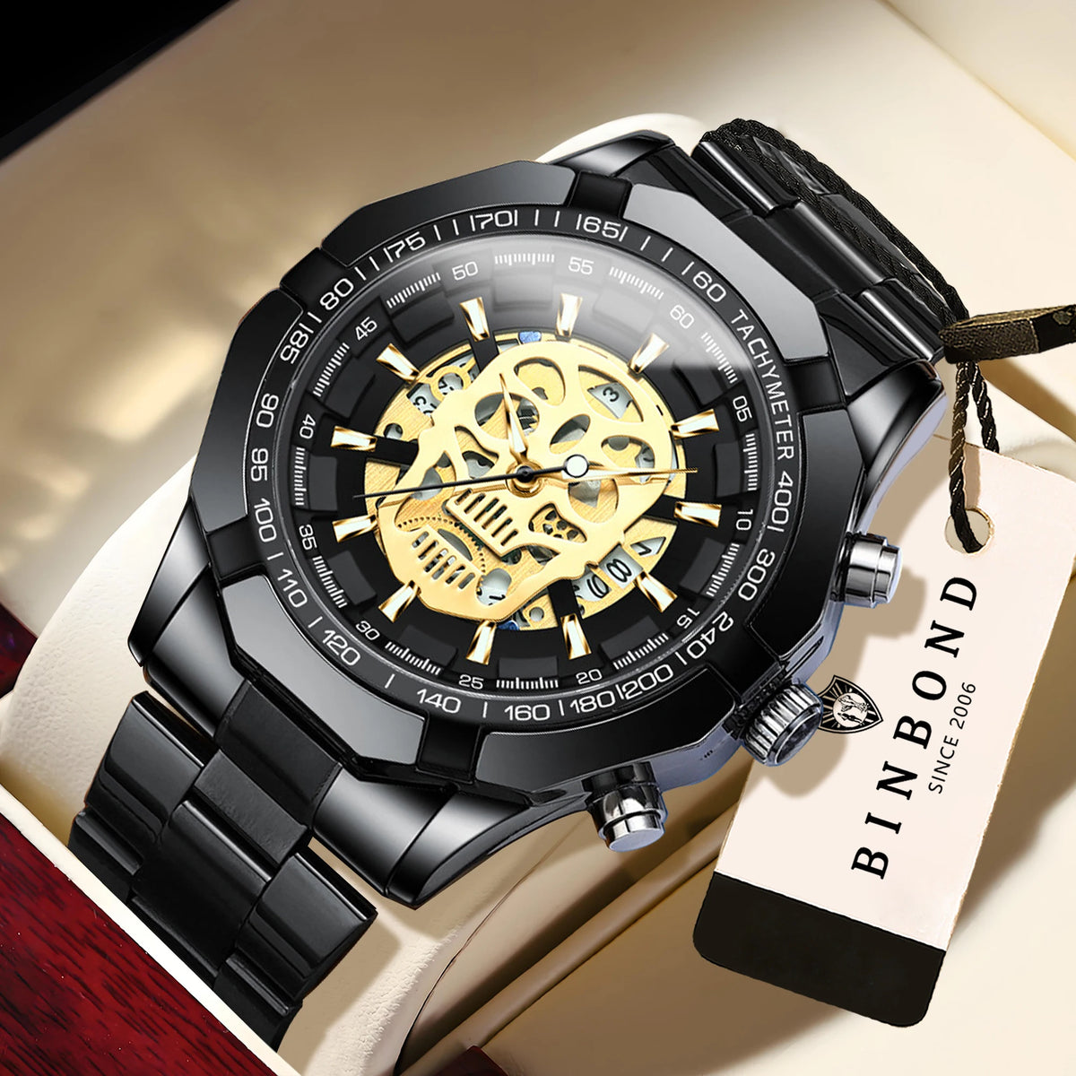 BINBOND-polshorloge voor heren, met skelet-schedelmotief, nauwkeurig quartz-uurwerk, luxueus, verlicht, waterdicht, met automatische datumweergave, robuust.