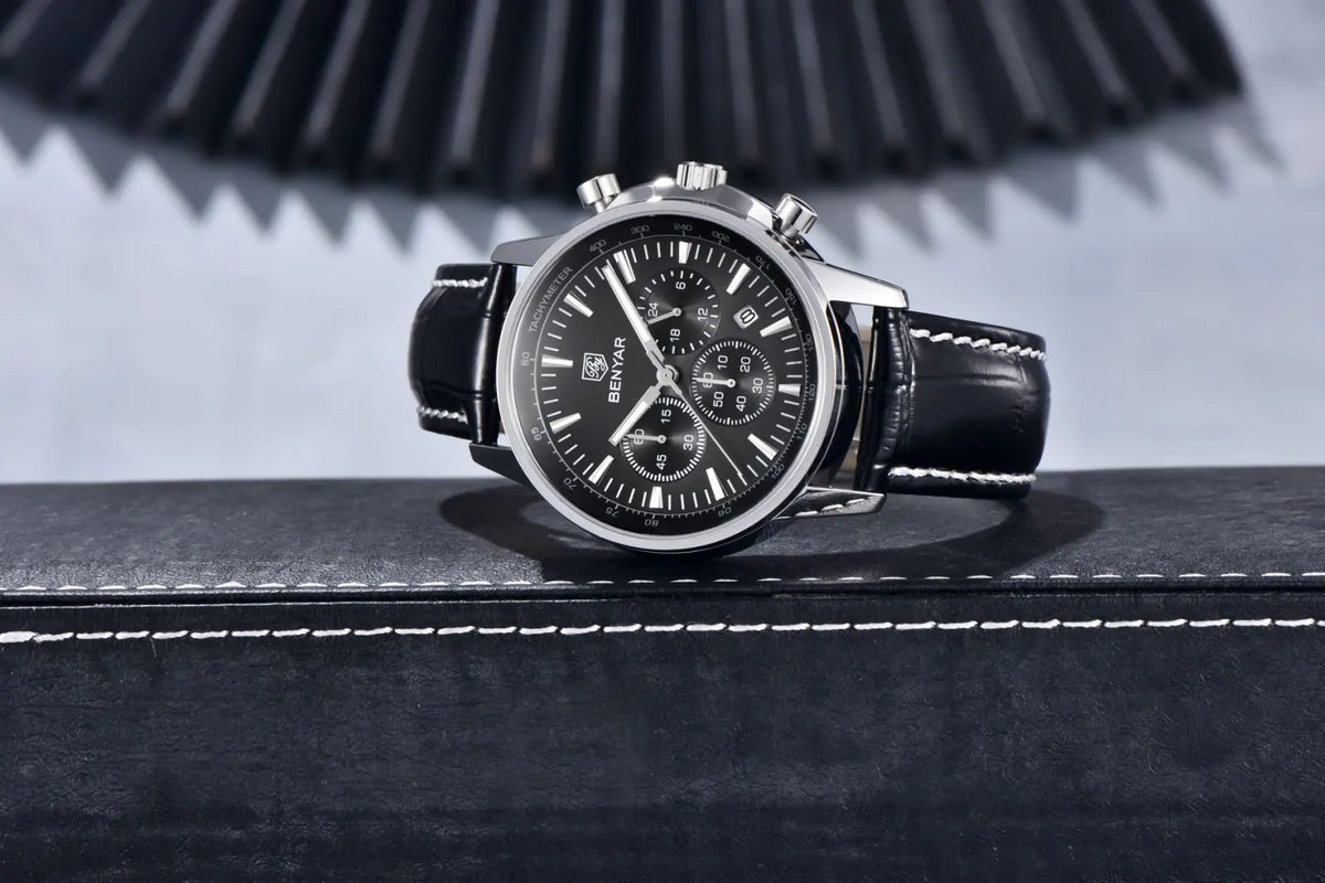 Montre de luxe pour homme Benyar – Chronographe avec date, bracelet en cuir, étanche, luminescente, style sportif et militaire, montre à quartz