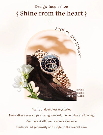 OLEVS Women's Watches Starry Sky Design Automatic Watch for Women Stainless Steel Flywheel Hollowed Ladies Mechanical Watch 7036