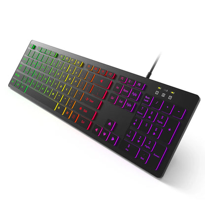 Tastiera da gaming per computer retroilluminata RGB silenziosa, tastiera cablata USB per ufficio e casa, russo, francese, spagnolo, tedesco, arabo, inglese