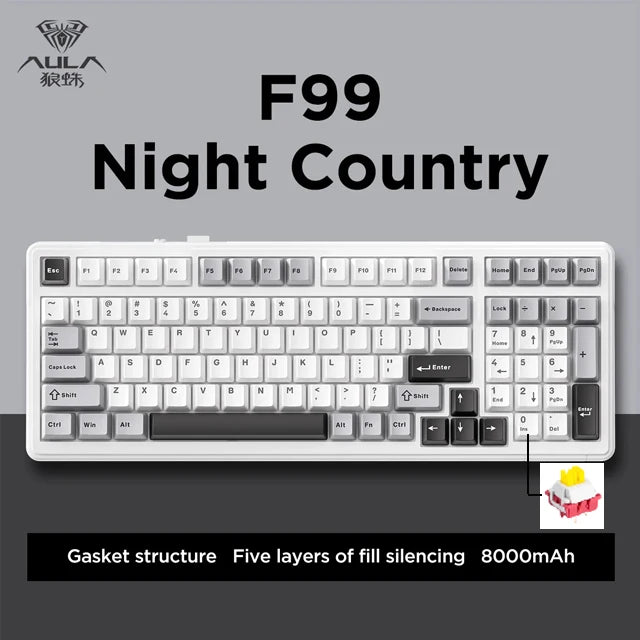 Teclado mecánico gaming Aula F99 de 99 teclas, tres modos: 2.4g inalámbrico, Bluetooth y cableado, hot swap, PBT, gasket y RGB para juegos y escritura