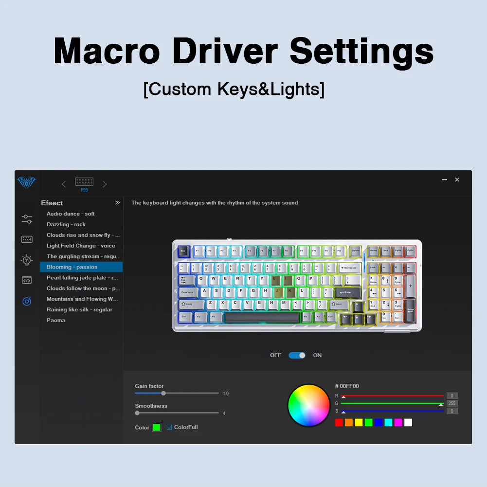 Teclado mecánico gaming Aula F99 de 99 teclas, tres modos: 2.4g inalámbrico, Bluetooth y cableado, hot swap, PBT, gasket y RGB para juegos y escritura