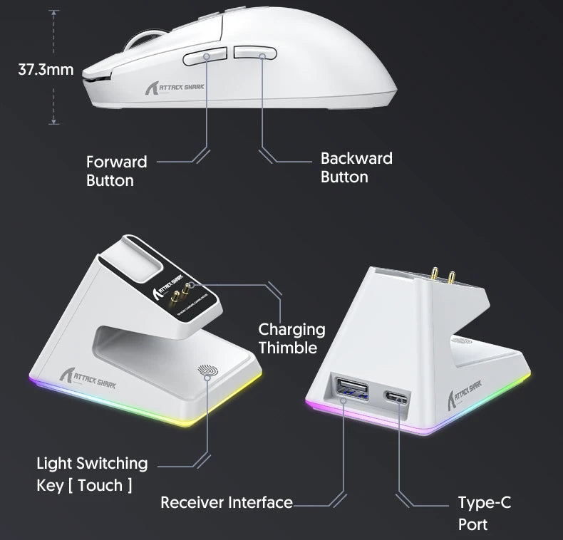 X6 Attack Shark Mouse RGB Touch Magnetic Charging Base Tri-Mode Connection Macro Pro Gaming Mouse