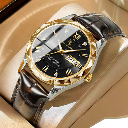 POEDAGAR men’s watch, original luxury model: water-resistant, luminescent, with date and day display. A classic, professional-style quartz watch, featuring a leather strap.