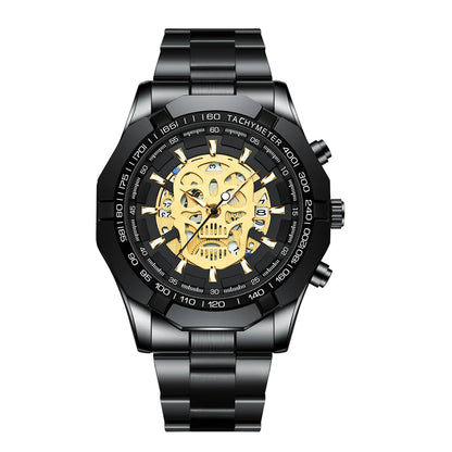 BINBOND-polshorloge voor heren, met skelet-schedelmotief, nauwkeurig quartz-uurwerk, luxueus, verlicht, waterdicht, met automatische datumweergave, robuust.