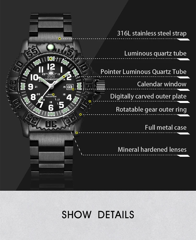 ADDIESDIVE Men’s Luxury Military Sport Quartz Watch  Luminous Dial, Rotating Bezel, Nylon Strap & 50M Water Resistant