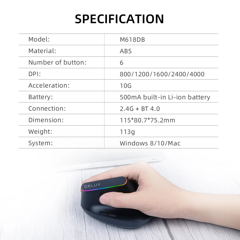 Delux  Ergonomic Vertical Mouse Rechargeable Wireless RGB Mouse Bluetooth 2.4G  4000DPI Gaming Silent Mice For Laptop PC