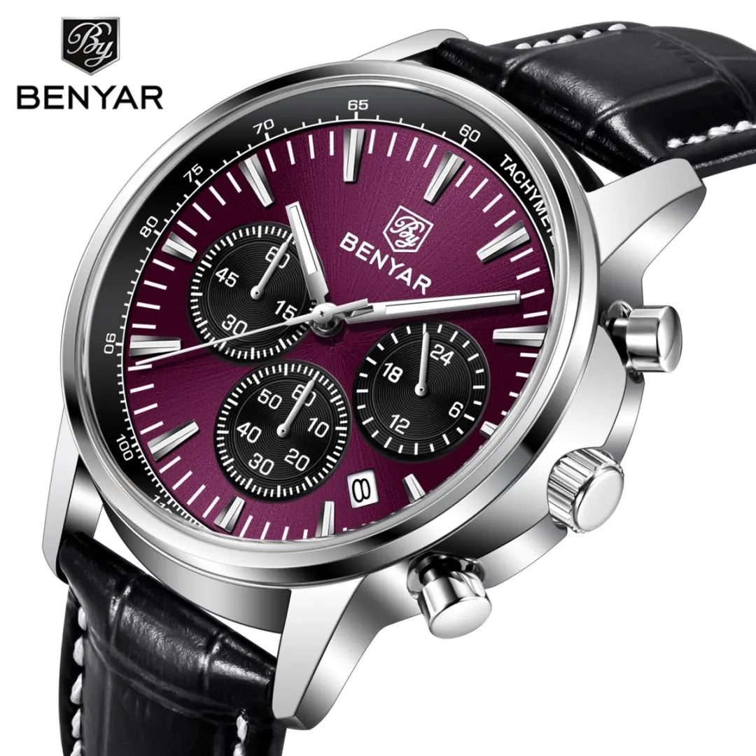 Montre de luxe pour homme Benyar – Chronographe avec date, bracelet en cuir, étanche, luminescente, style sportif et militaire, montre à quartz