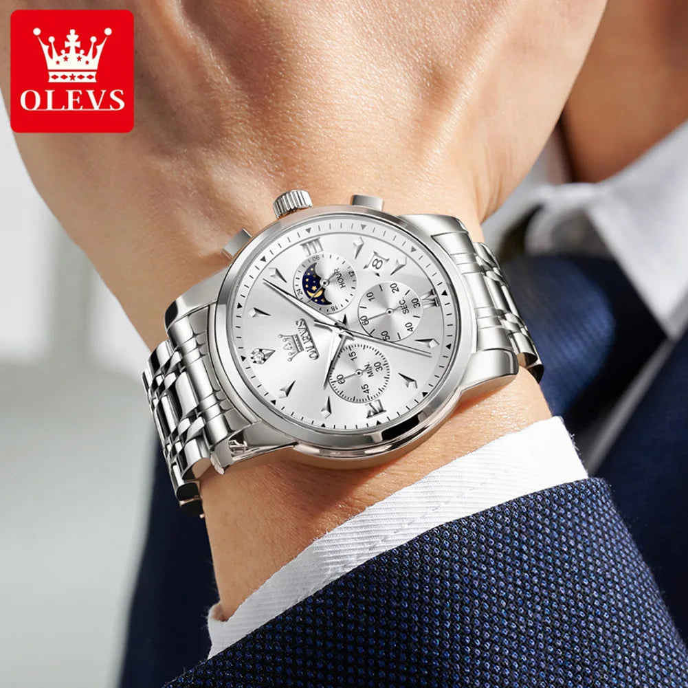 OLEVS 3639 Top Brand Original Luxury New Quartz Watch Stainless Steel Watch For Men Waterproof Luminous Moon Phase Mens Watch