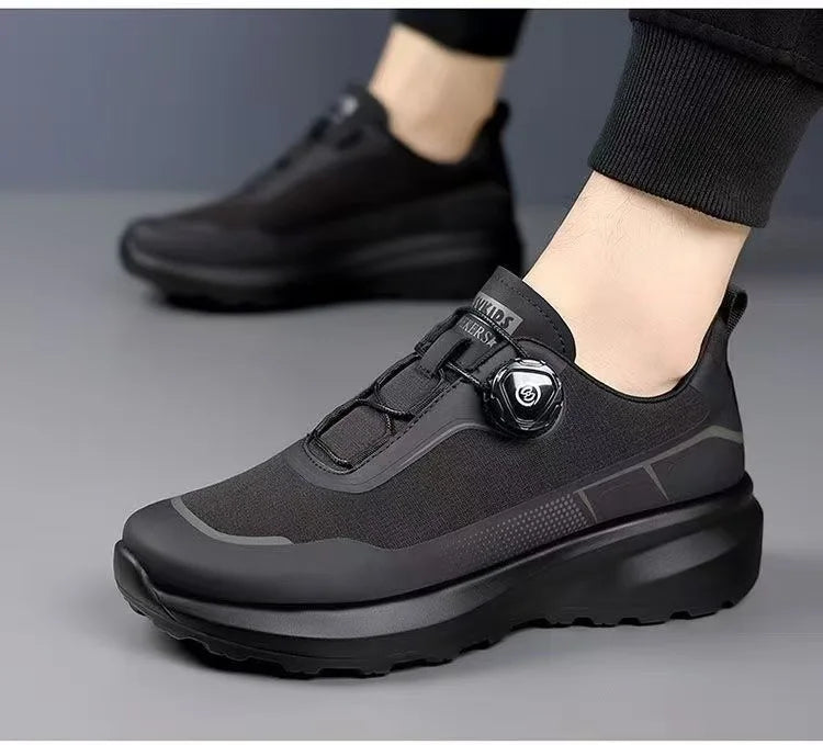 Chaussures de course décontractées noires pour hommes, bouton rotatif, antidérapantes, semelle épaisse, baskets d'extérieur
