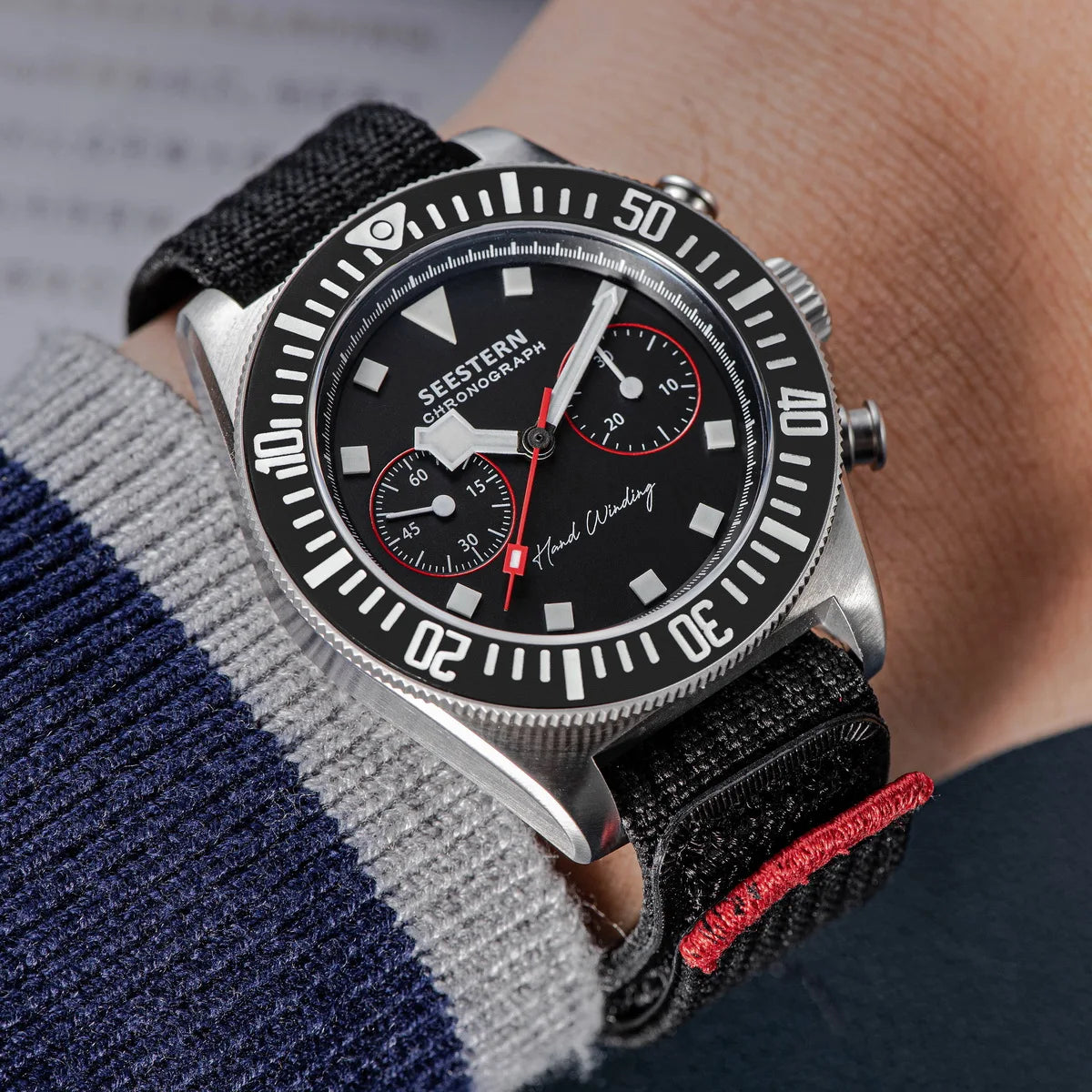 SEESTERN cronógrafo para hombre, reloj mecánico con movimiento Tianjin ST1901, cristal de zafiro, correa de nailon con velcro, esqueleto luminoso