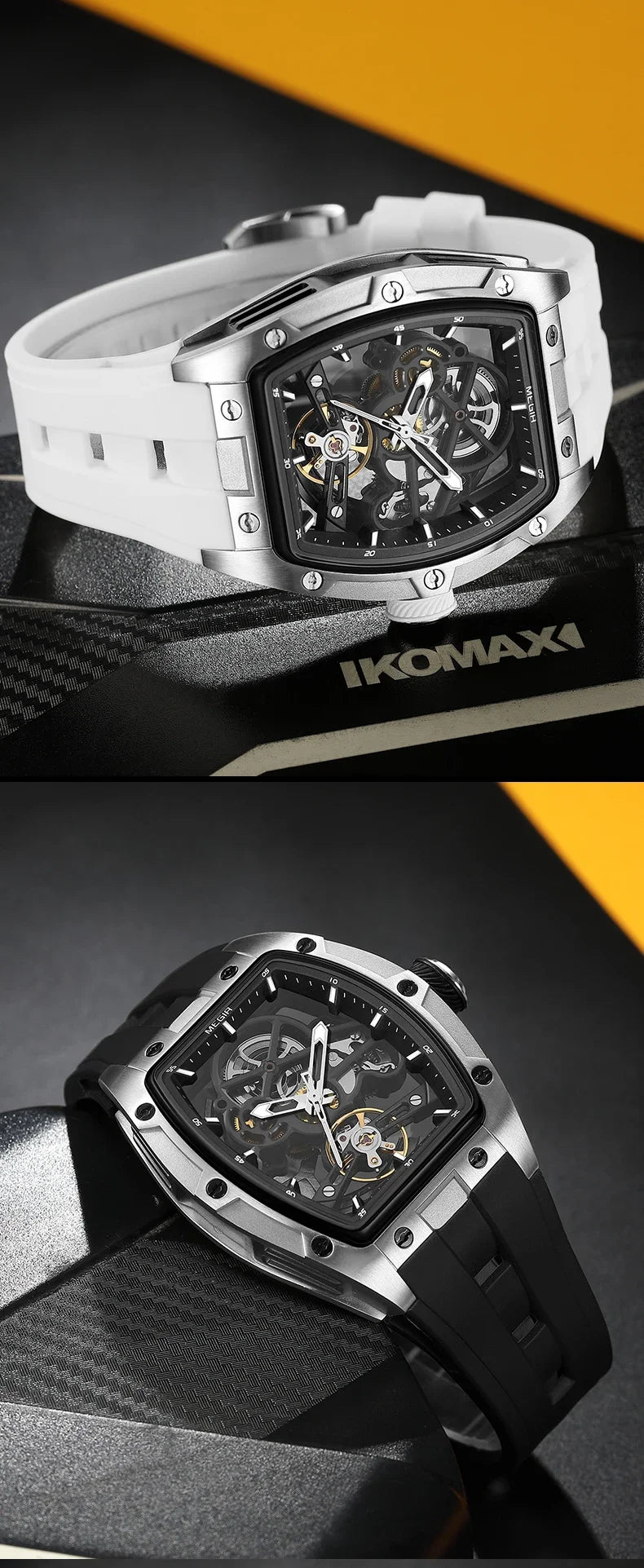 Orologio da polso automatico MEGIR da uomo, fashion, cinturino in silicone nero, impermeabile, luminoso, sportivo, meccanico, con quadrante tonneau 2242