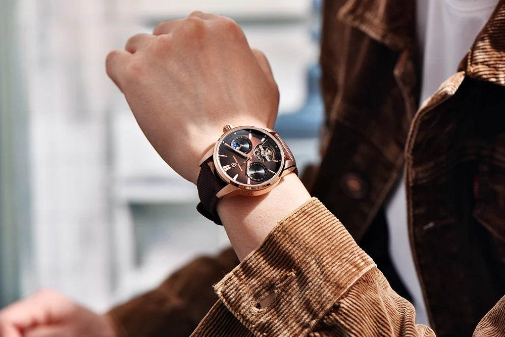 PAGANI DESIGN Newest 41MM Luxury Men's Mechanical Watch Sapphire Glass Leather Waterproof Pilot Tourbillon Moon Reroj Hombre
