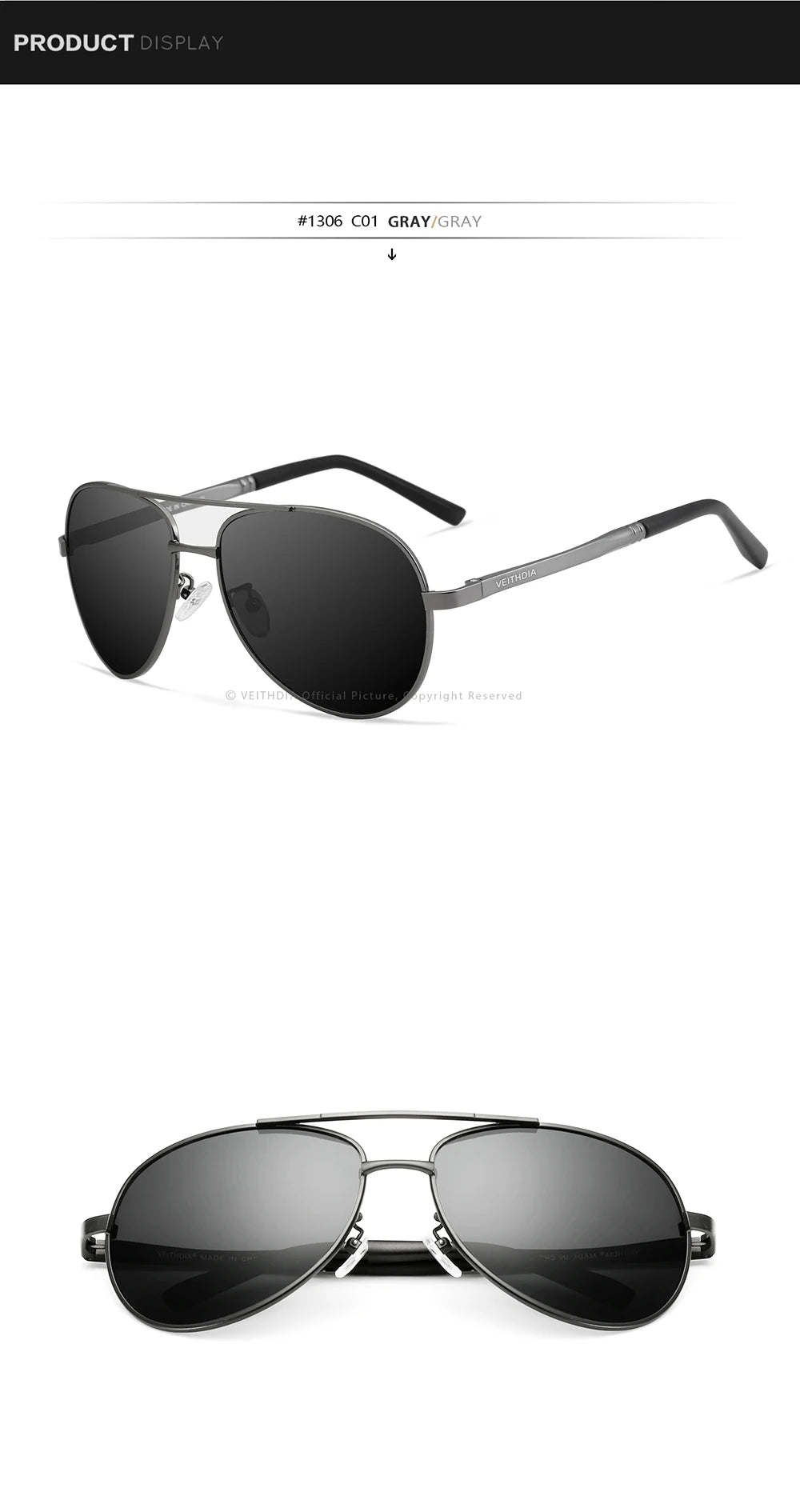 VEITHDIA Men's Polarized UV400 Sunglasses Vintage Designer Goggle Classic Fashion Outdoor Driving Sun Glasses For Male VT1306