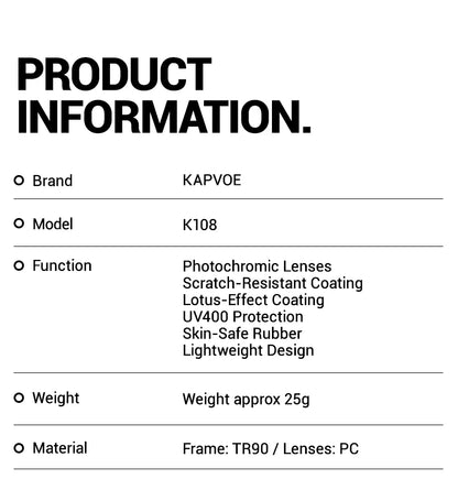 Kapvoe Neue Outdoor-Lauf- und Fahrradbrille, photochrome Sonnenbrille für Damen und Herren, Sportbrille für Marathon und Radfahren, UV400-Schutzbrille