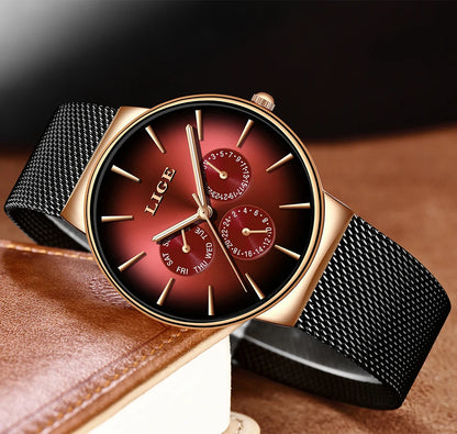 Montre pour femme LIGE, élégante et tendance – Style sport-décontracté, bracelet en maille, mouvement à quartz, affichage de la date et du jour, étanche.