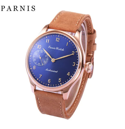 Vintage PARNIS Mechanical Hand Winding Watch Men Gold 44mm Steel Wristwatch Sport 17 Jewels 6497 Movtt Khaki Band Glass Back