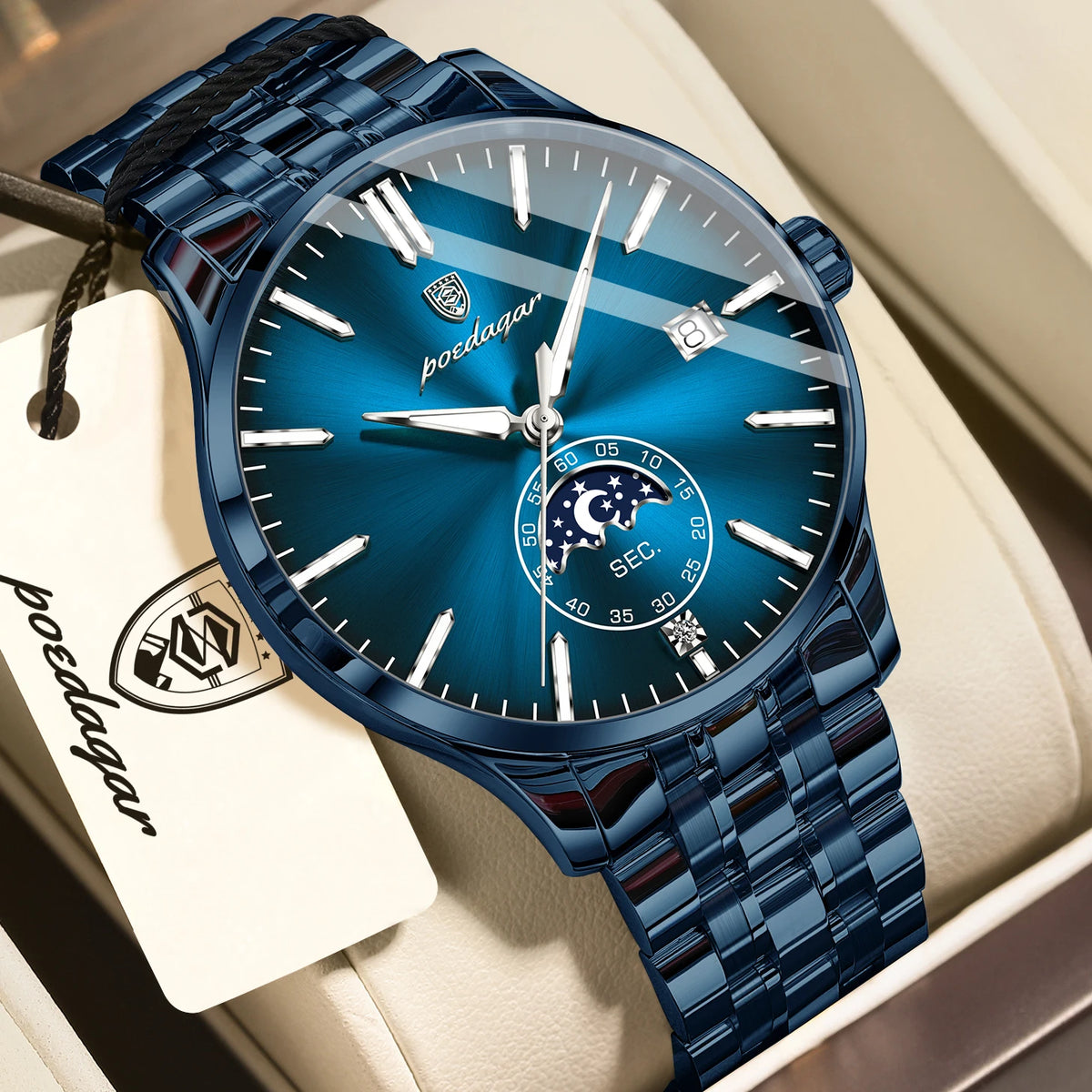 Montre homme de luxe POEDAGAR, style décontracté, en acier inoxydable, à quartz, étanche, lumineuse, avec date, élégante.