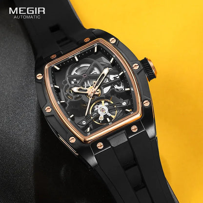Orologio da polso automatico MEGIR da uomo, fashion, cinturino in silicone nero, impermeabile, luminoso, sportivo, meccanico, con quadrante tonneau 2242
