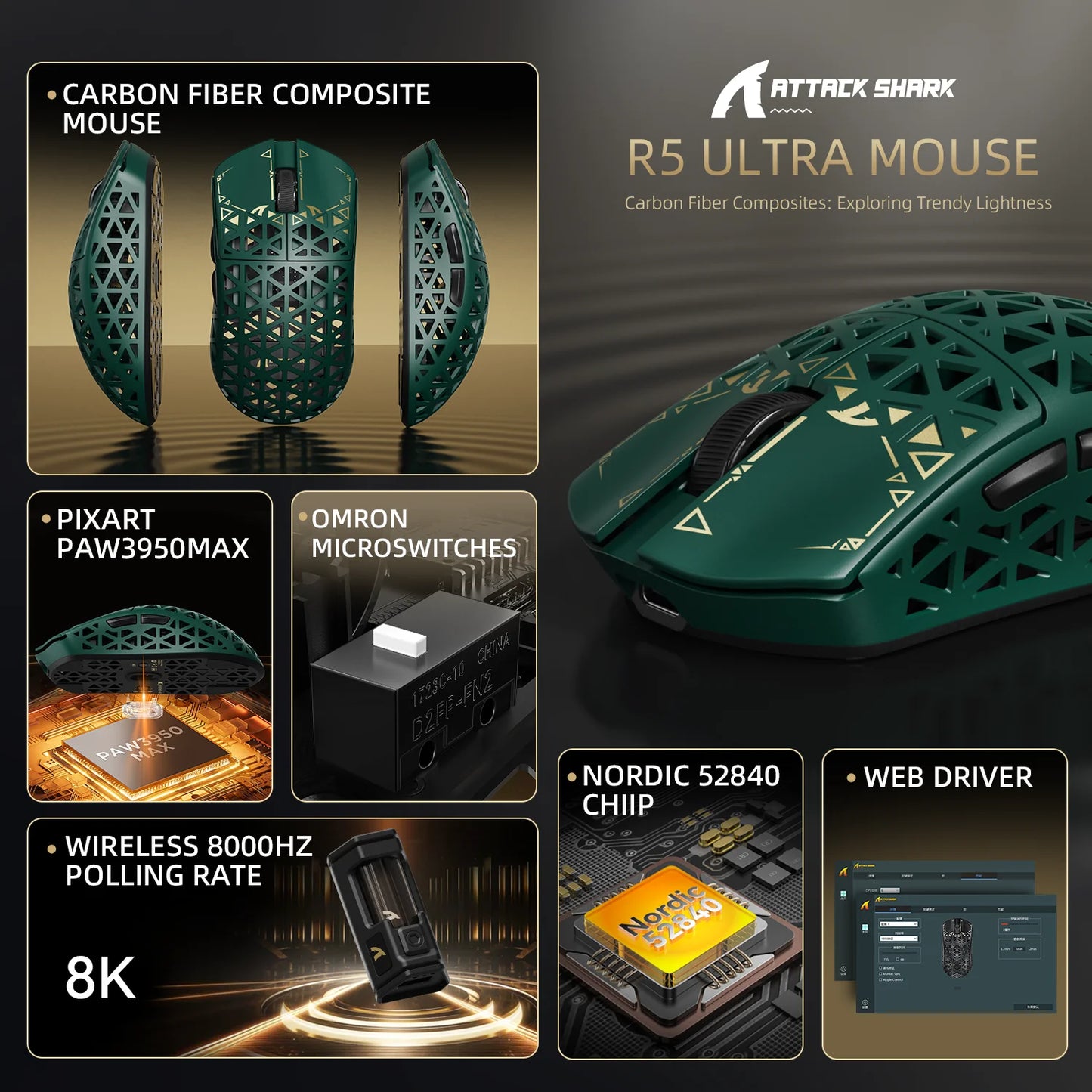 Bezdrátová herní myš ATTACK SHARK R5 Ultra Carbon Fiber, herní senzor PixArt PAW3950MAX, 42000DPI, 8000Hz, MCU Nordic 52840