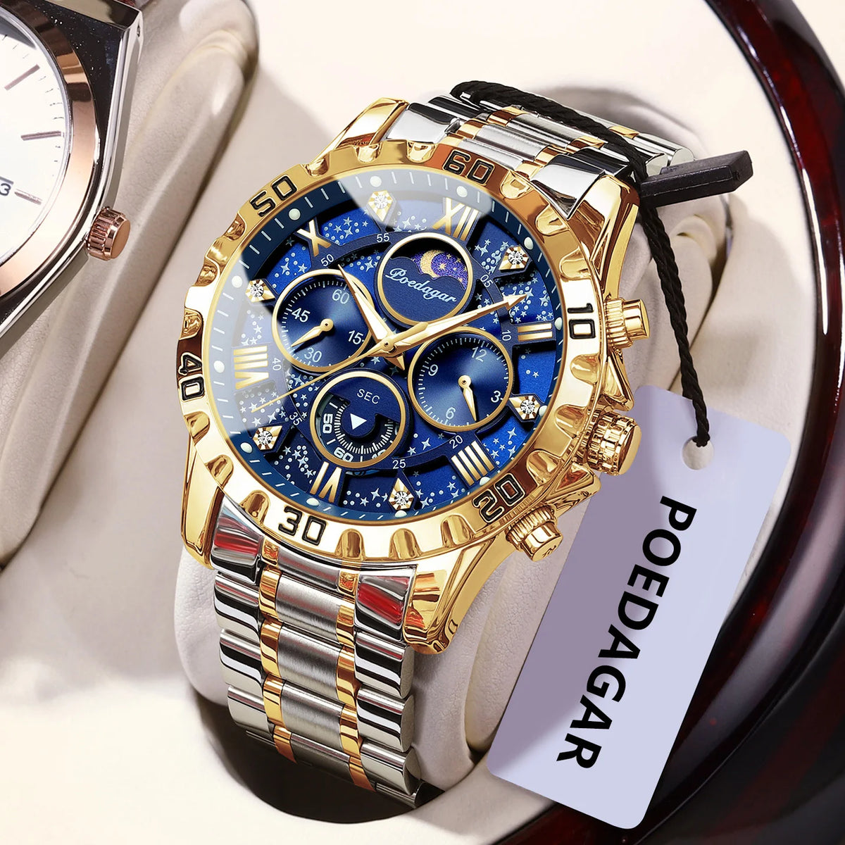 Montre homme de luxe POEDAGAR, étanche, lumineuse, en acier inoxydable, à quartz, chronographe, style militaire.