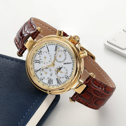 Montre automatique pour homme BERNY, style rétro, avec affichage Soleil et Lune, aiguilles luminescentes et mouvement ST1652 ; une montre mécanique classique et élégante, dotée d'un bracelet en cuir véritable.