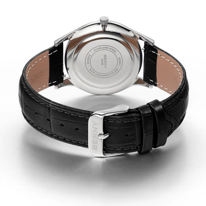 BERNY Men's Watches Slim Luxury Classic Stylish Dress Quartz Watch Fashion Elegance Leather Band Wristwatch
