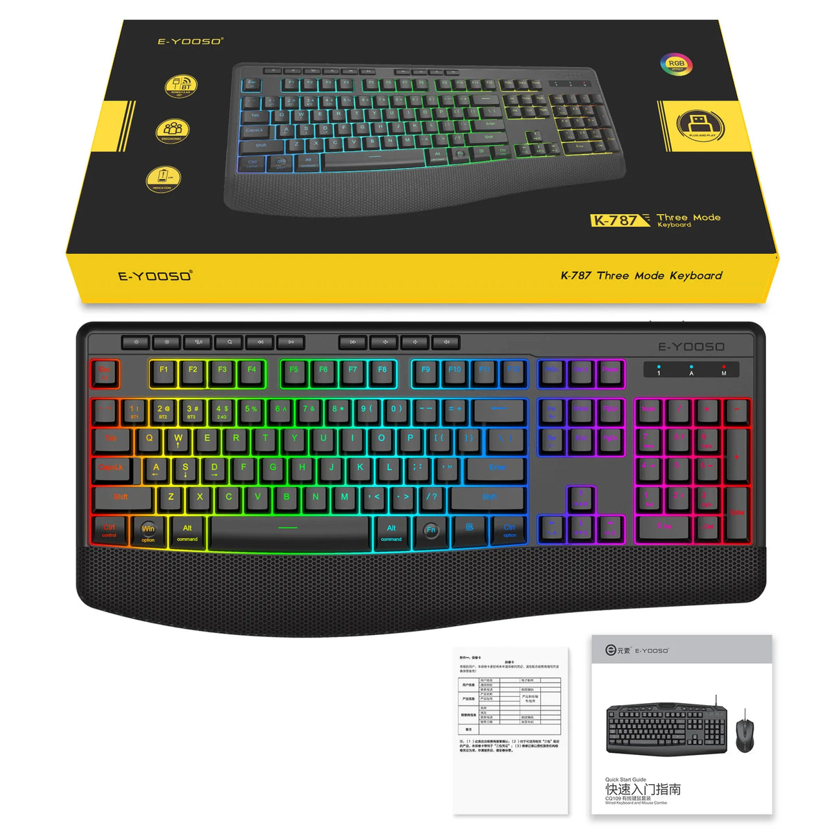 E-YOOSO RGB Colorful Gaming Keyboard 104 Keys Bluetooth 2.4G USB Wired Mechanical Keyboard with Wrist Rest Low Voltage Indicator