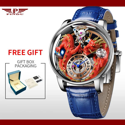 PINDU Design Celestial Body Series Traditionnelle Artisanat Three Dimensional Dragon Men Watch Curved Mirror Transparent Globe