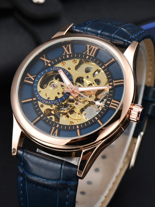 Montre automatique pour homme, style luxe, cadran à chiffres romains, mécanisme apparent (squelette), étanche, aiguilles luminescentes, bracelet en cuir – Un choix idéal pour offrir en cadeau.