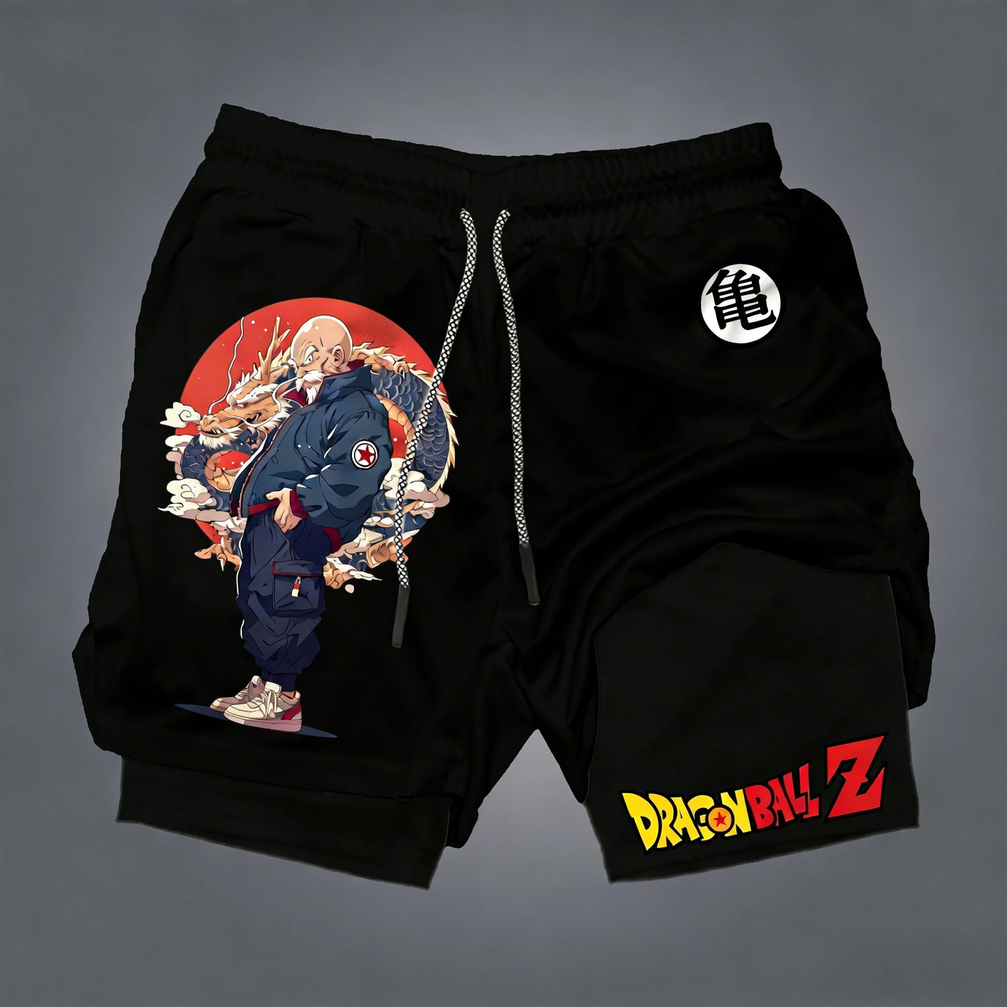 Dragon Ball dubbellaagse herenshort Son Goku zomer Japanse anime nep-tweedelige sport- en fitnessshort, sneldrogend