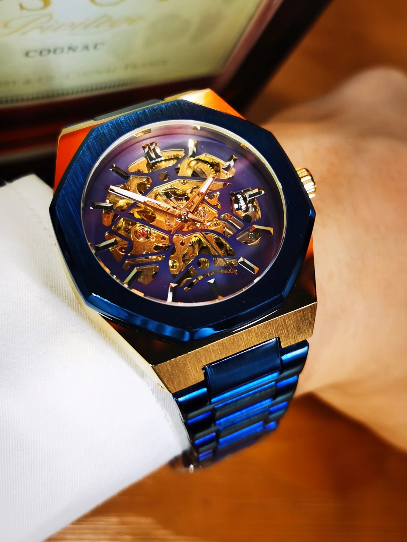 WINNER Black Gold Skeleton Mechanical Watches for Men Fashion irregular Automatic Watch Luxury Brand Stainless Steel Strap 2023