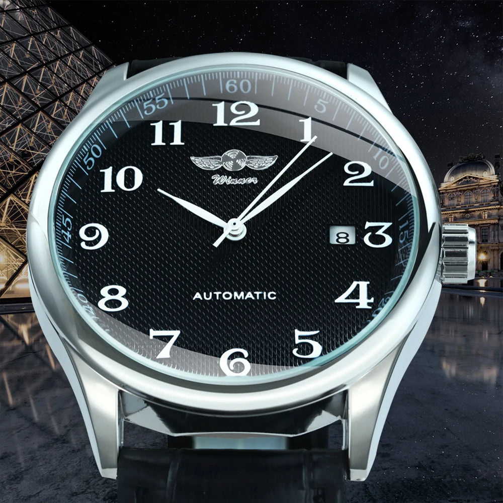 Montre pour homme WINNER – Style classique, rétro et élégant – Montre mécanique automatique avec calendrier – Marque de luxe, boîtier en acier et bracelet en cuir